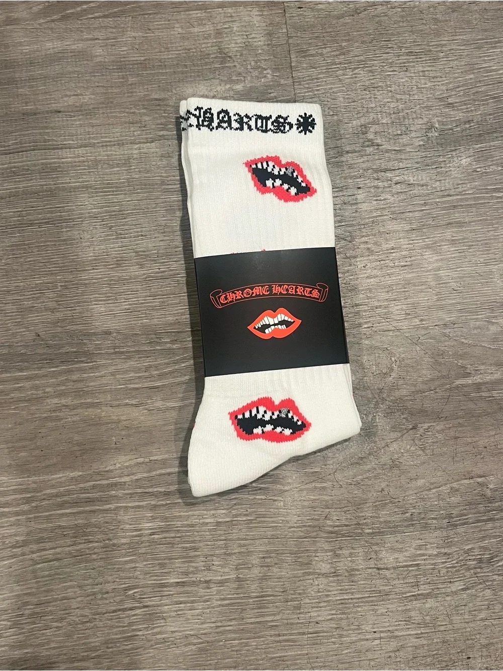Chrome Hearts White Crew Socks with Red Lip Graphics